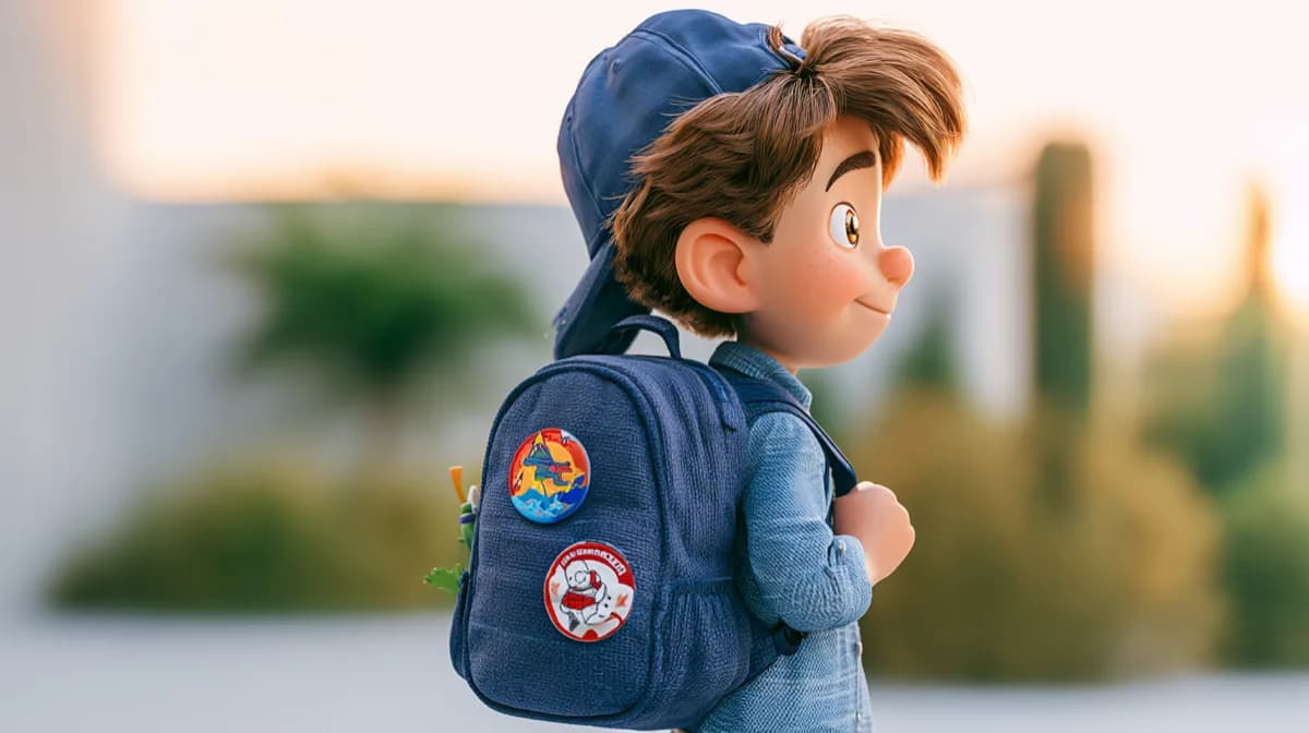 An illustrated kid seen from behind, wearing a denim backpack with two round embroidered patches sewn onto the front pocket.