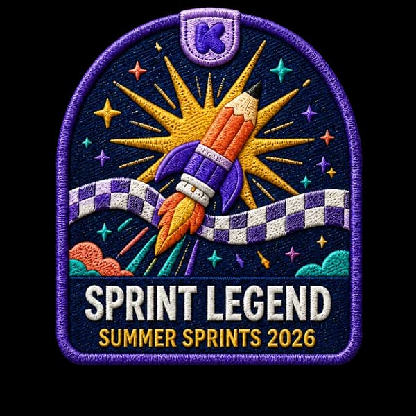 The Sprint Legend patch: an embroidered purple arch with a pencil-shaped rocket bursting out of a golden starburst above a checkered flag, lettered Sprint Legend, Summer Sprints 2026.