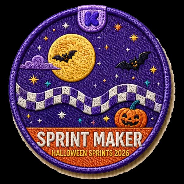 The Sprint Maker patch: an embroidered purple circle with a full moon, two bats, a checkered flag and a jack-o'-lantern, lettered Sprint Maker, Halloween Sprints 2026.