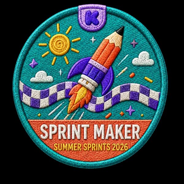 The Sprint Maker patch: an embroidered teal circle with a pencil-shaped rocket flying over a checkered flag, lettered Sprint Maker, Summer Sprints 2026.
