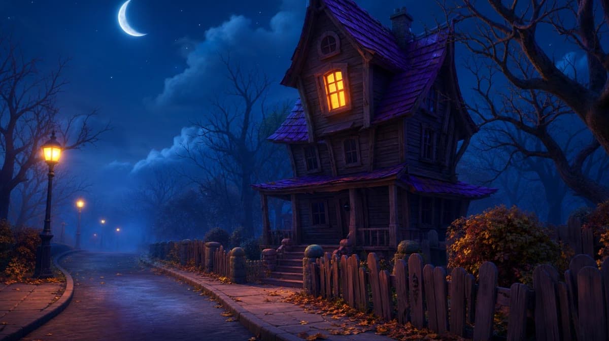 An old house at the end of a dark street with one lit window
