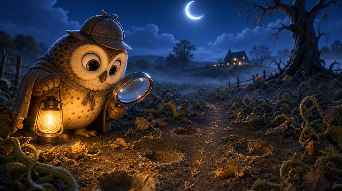 A detective owl with a magnifying glass over an empty pumpkin patch