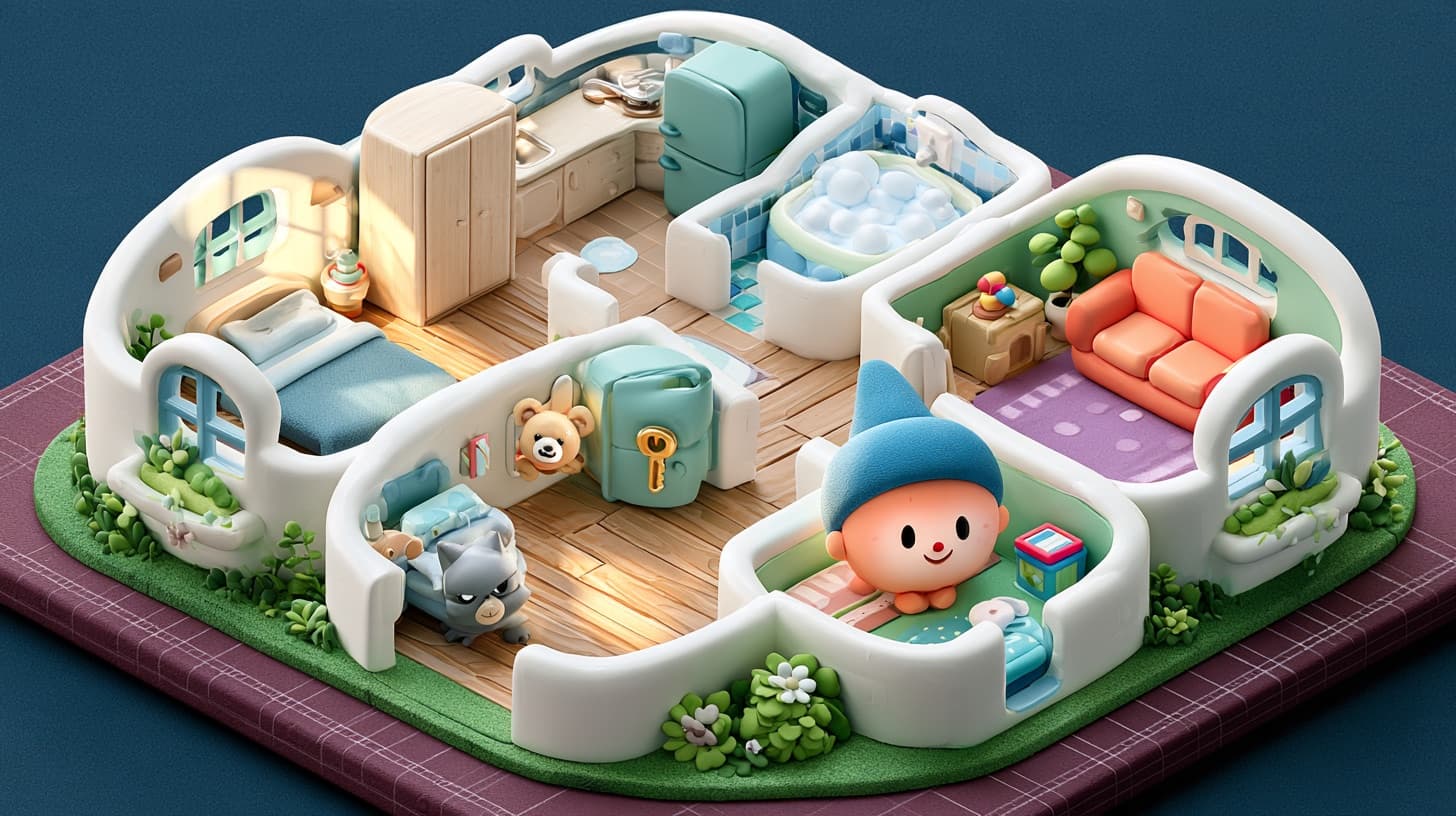 A toy house with no roof seen from above, with a teddy bear, a key and a grey cat hidden in its rooms