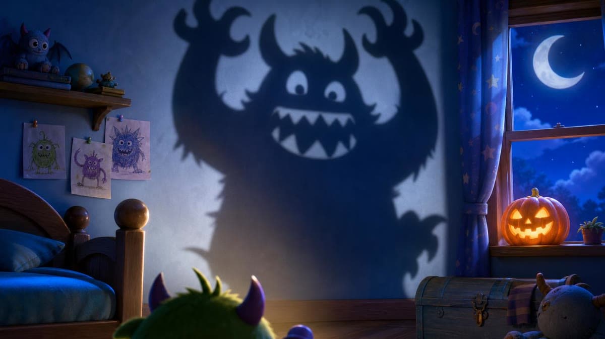 A friendly monster's big shadow on a moonlit bedroom wall