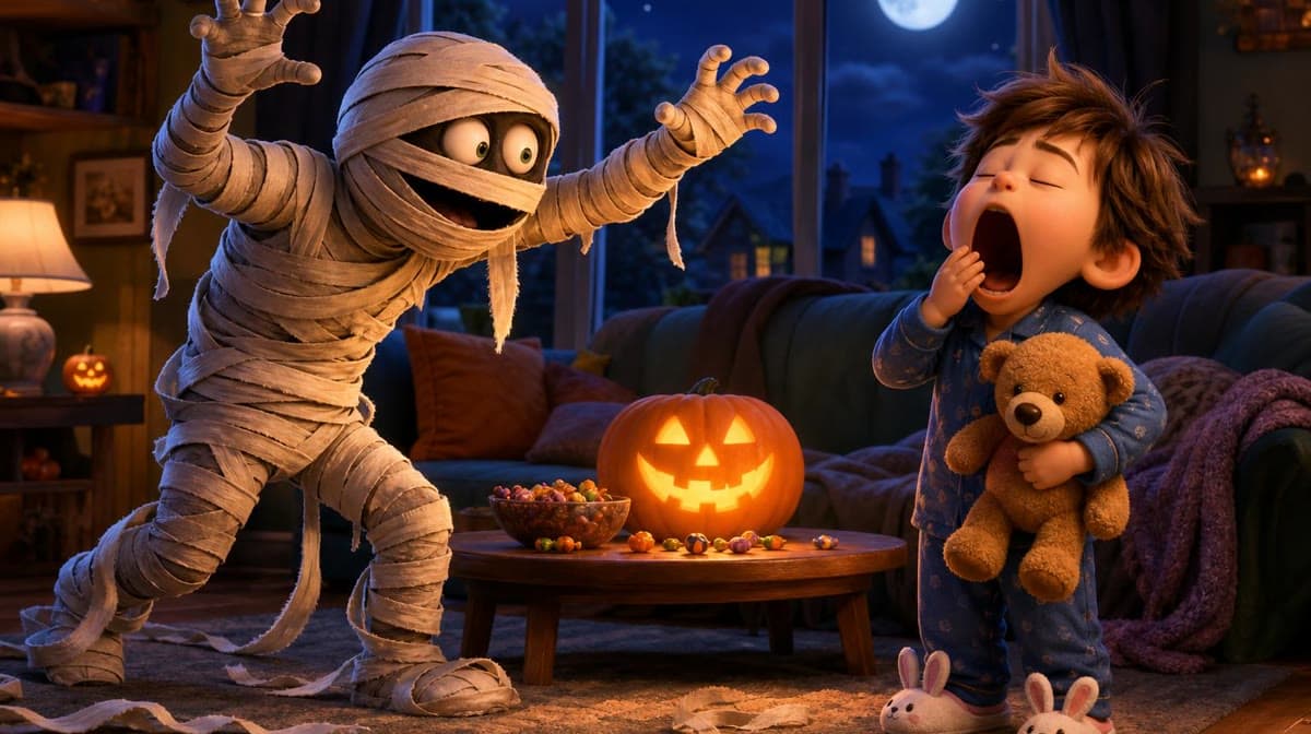 A mummy trying to scare a child in pajamas, who yawns