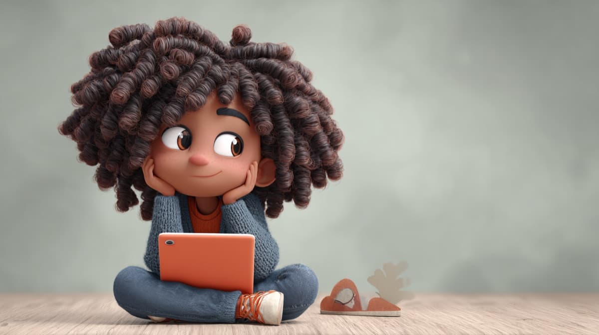 An illustration of a girl sitting on the floor with a tablet, thinking