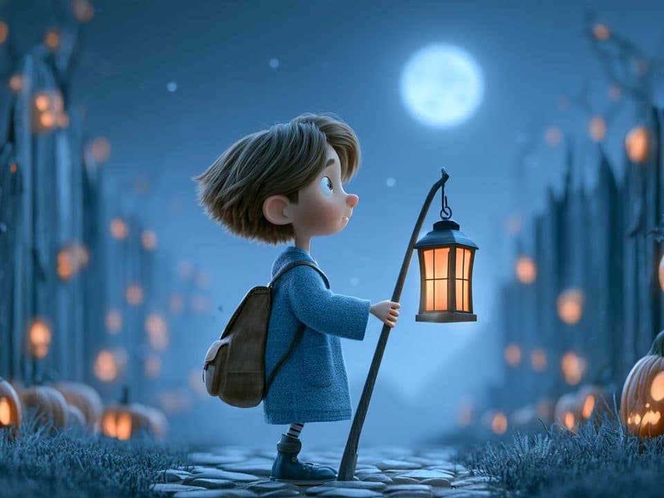 An illustration of a kid with a backpack holding a lantern on a path at night