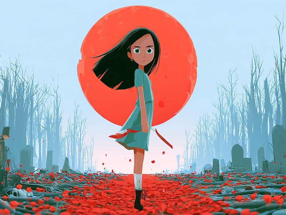 An illustration of a girl with long dark hair in a field of red petals under a huge red moon