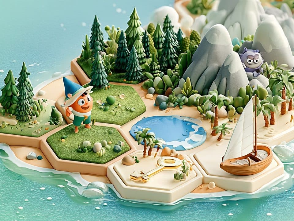 An illustration of a game board island with pine trees, a boat, a key, and a little wizard