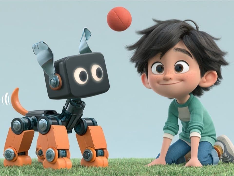 An illustration of a smiling kid kneeling on the grass next to a robot dog and a red ball