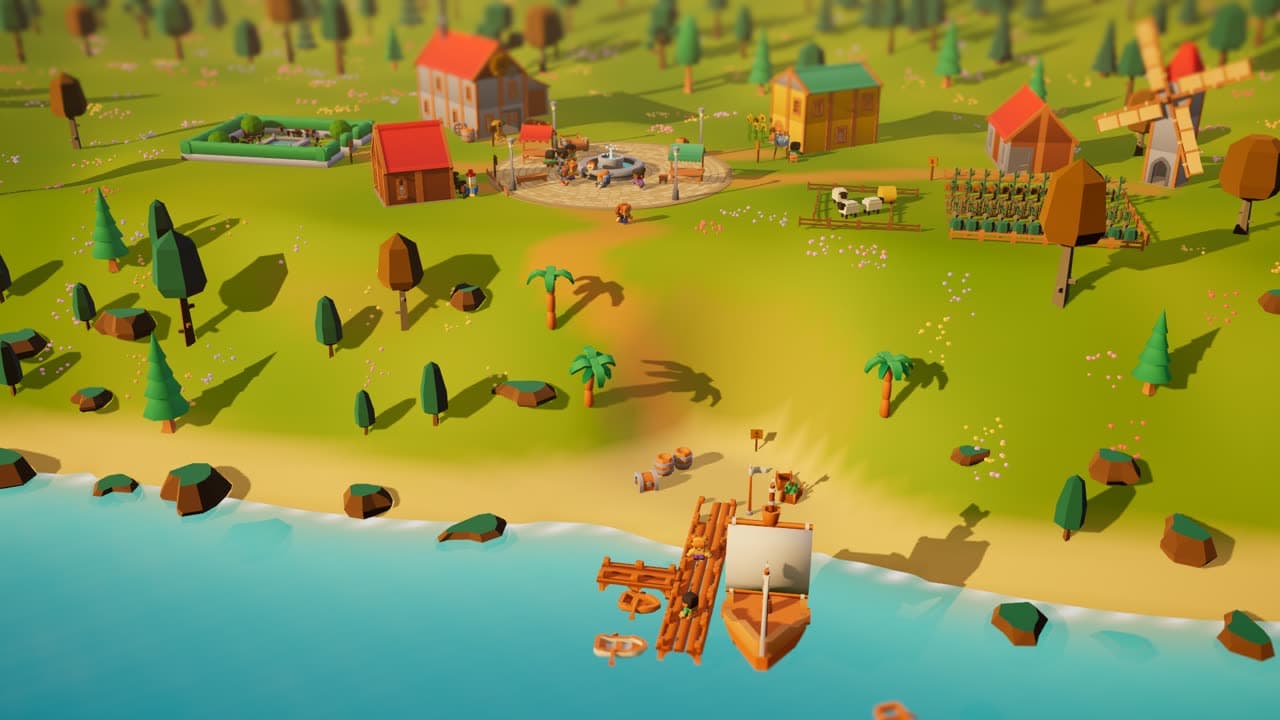 A green hill above a beach, with red-roofed houses, a windmill, a farm field, and a wooden pier in the water.