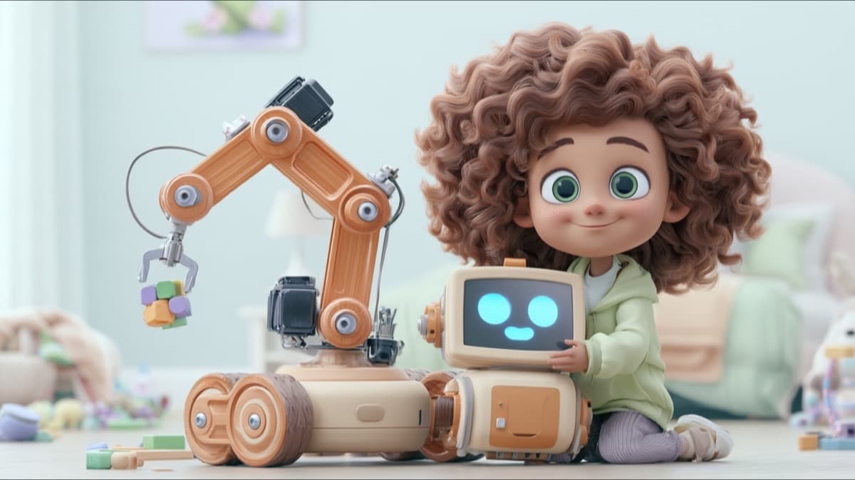 A curly-haired girl kneeling beside a wheeled house robot with a screen face and an orange robot arm