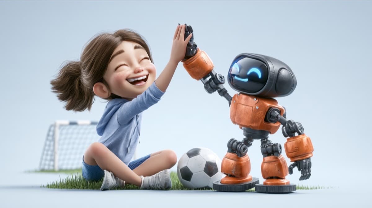 A girl giving a high five to a two-legged humanoid robot next to a soccer ball and a goal