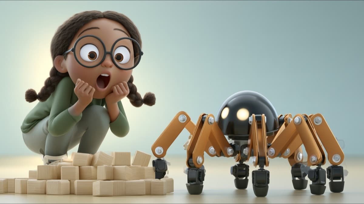 A girl in glasses watching a six-legged robot bug climb over wooden blocks