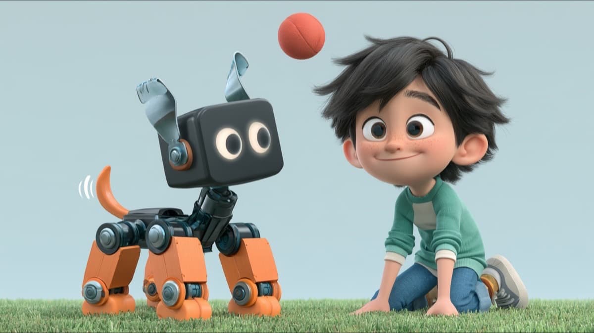 A boy kneeling on the grass next to a four-legged robot dog, with a red ball in the air