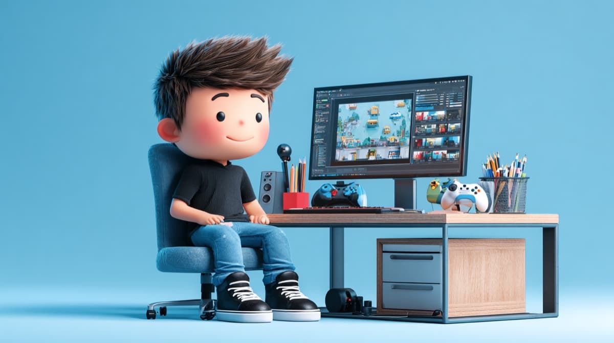 An illustration of a kid designing a game in Game Studio