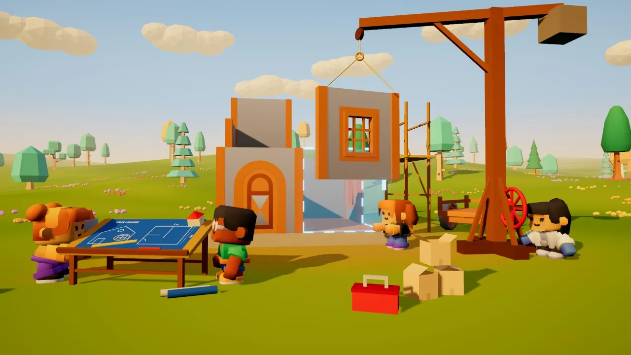 Kids study a blueprint while a crane lifts a wall into place on a half-built house.