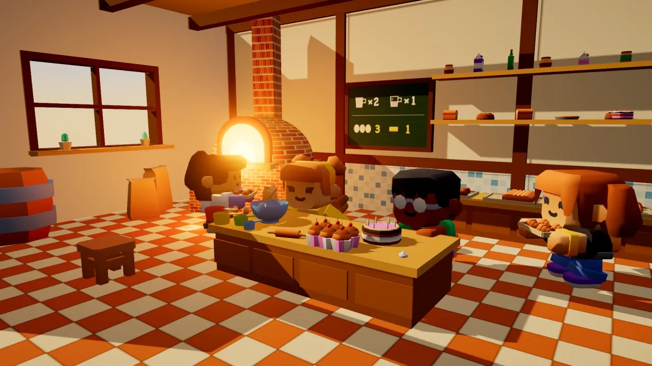 Kids bake cupcakes and a cake at a counter in front of a brick oven, with a recipe on a chalkboard.