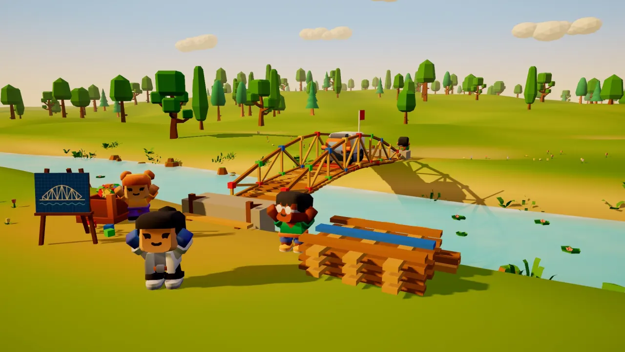 Kids build a wooden bridge across a river, with a stack of planks and a bridge plan on an easel.