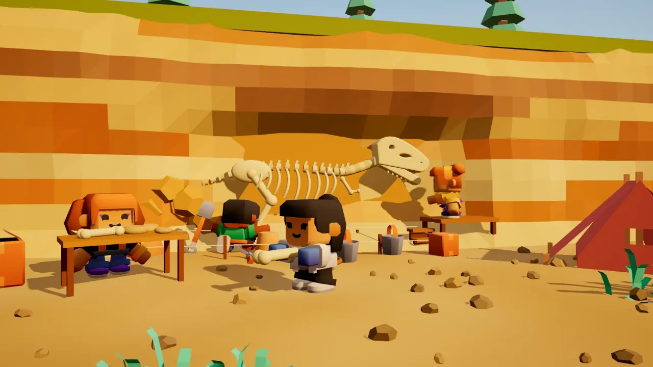 Kids dig in a sandy quarry in front of a dinosaur skeleton set into the rock wall.