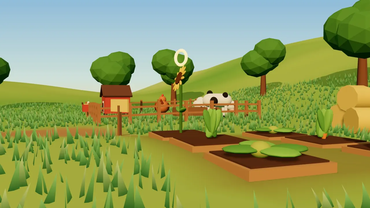 A vegetable patch with sprouting crops in wooden beds, a cow and a red hen house behind the fence, and hay bales on a green hill.