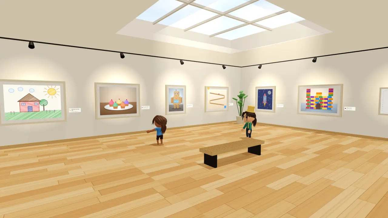 Two kids in a bright gallery with a skylight, looking at framed kids' drawings: a house, cupcakes, a robot, a rocket, and a castle.