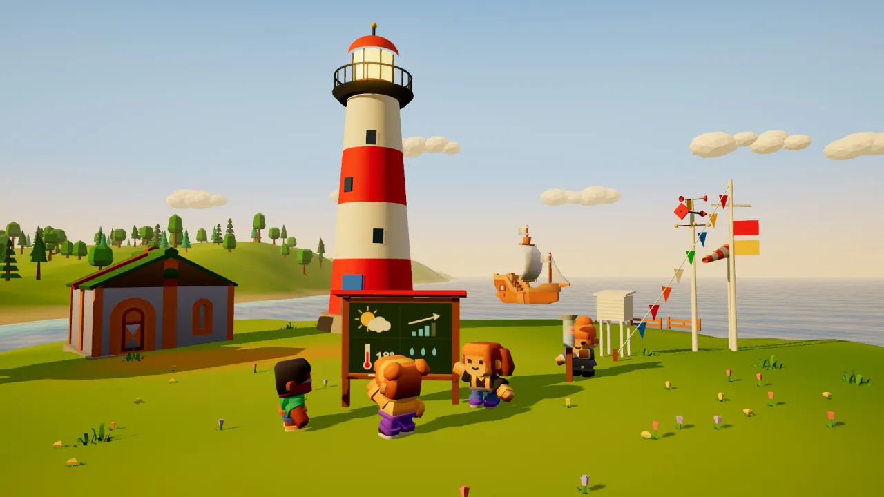 A red and white lighthouse by the sea, with kids reading a weather board and a ship sailing past.