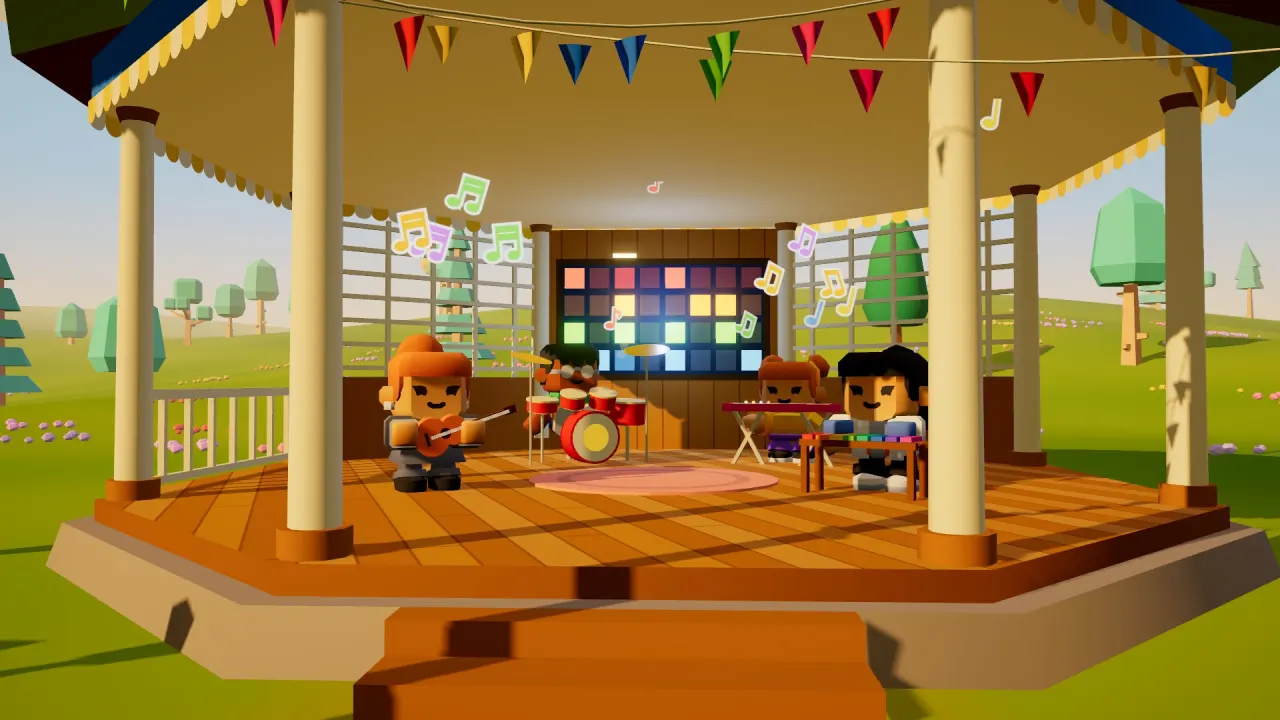 Kids play guitar, drums, and keyboard in a bandstand hung with bunting, with music notes in the air.