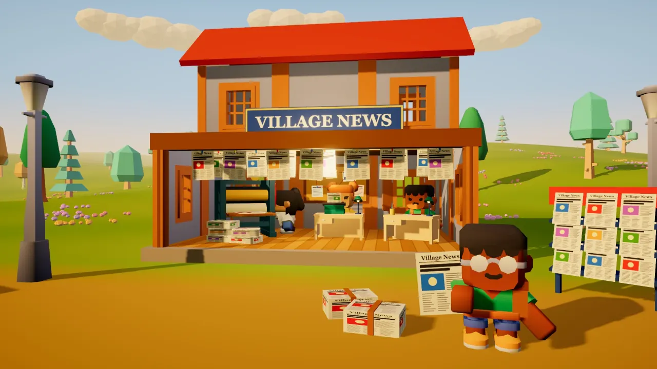 A Village News office with a printing press inside, a kid holding a newspaper, and a board of pinned front pages.