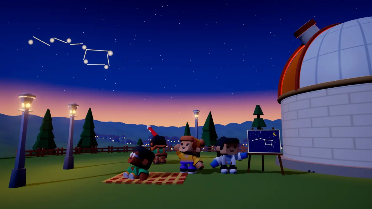 Kids on a picnic blanket under a starry sky beside a domed observatory, with a constellation chart on an easel.