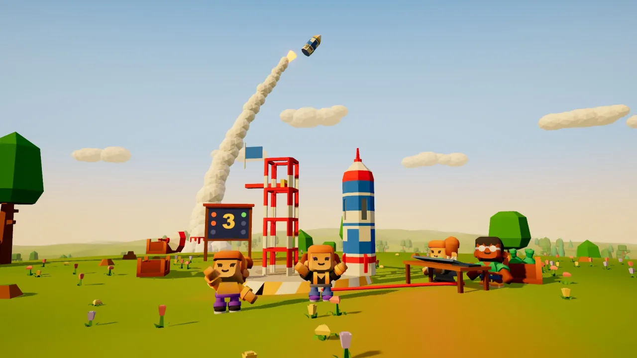 A rocket lifts off on a trail of smoke while kids watch from the launch pad, next to a countdown board and a second rocket.