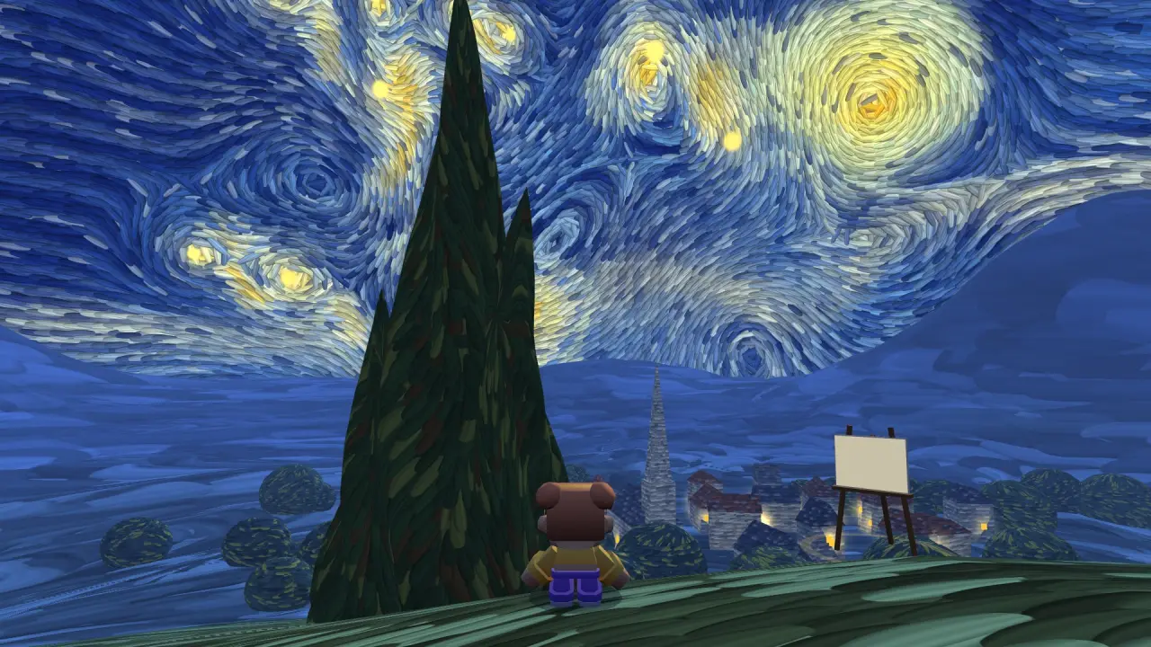 A kid stands on a hill inside a painted Starry Night, under swirling blue and yellow strokes, next to the dark cypress and an easel.