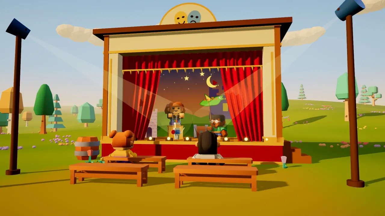 An outdoor theater with red curtains and a night-sky backdrop, with kids on stage and kids watching from benches.