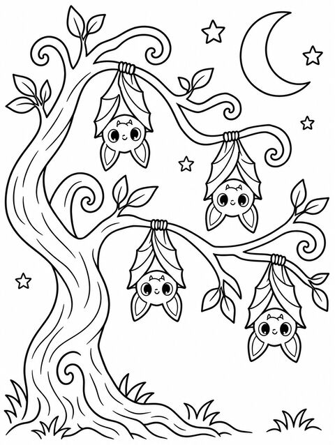 Four bats hanging from a twisty tree under a crescent moon, outline only
