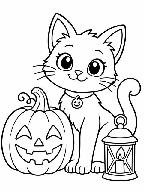 A cat sitting next to a jack-o'-lantern and a lantern, outline only