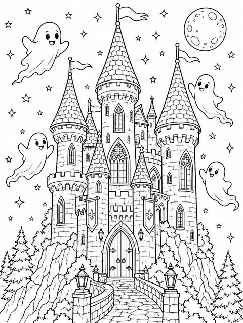 A castle with turrets and friendly ghosts under a starry sky, outline only