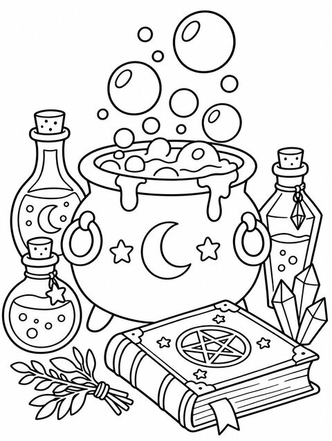 A bubbling cauldron with potion bottles and a spell book, outline only