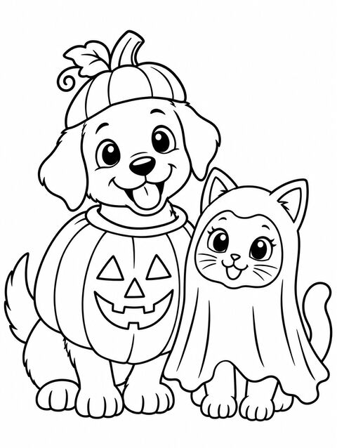 A puppy in a pumpkin costume next to a kitten in a ghost costume, outline only