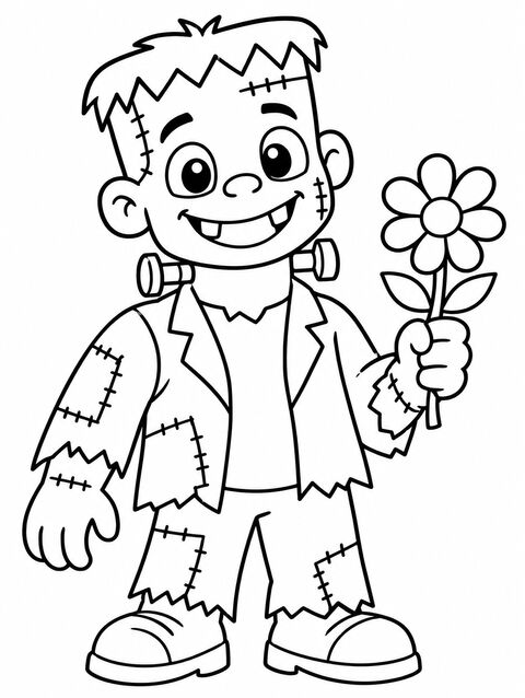 A patchwork monster with neck bolts holding a flower, outline only
