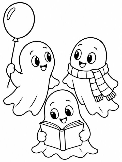 Three little ghosts with a balloon, a scarf, and a book, outline only