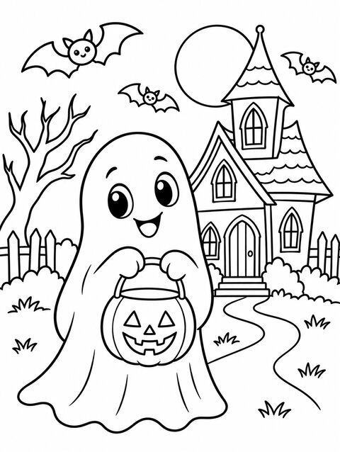 A smiling ghost holding a pumpkin bucket in front of a haunted house, outline only