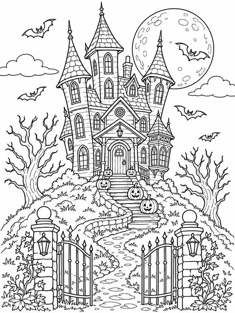 A detailed haunted house with towers, bats, and a winding path, outline only