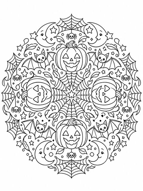 A round pattern of pumpkins, bats, moons, and spider webs, outline only