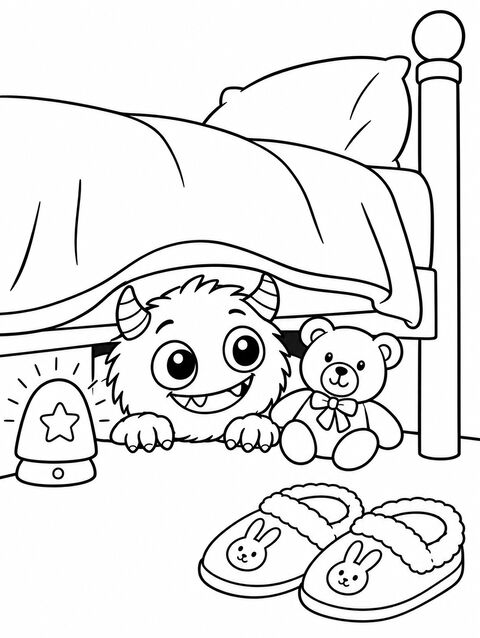 A little monster peeking out from under a bed next to a teddy bear, outline only