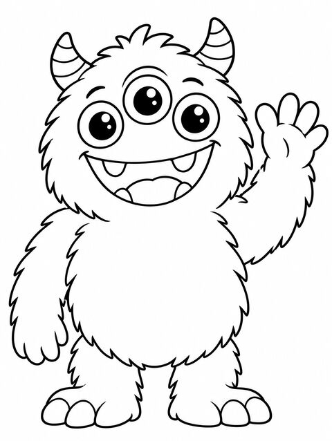 A fluffy three-eyed monster waving, outline only