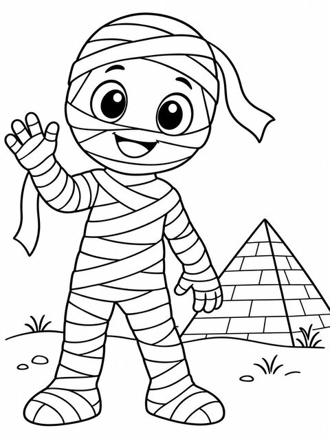 A friendly mummy waving next to a small pyramid, outline only