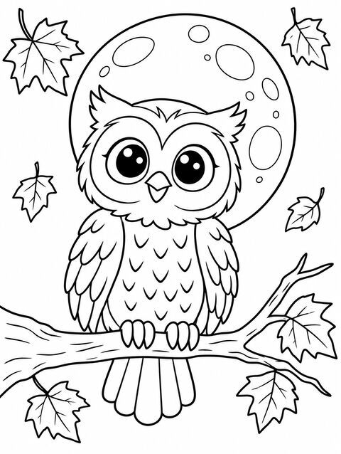An owl on a branch in front of a full moon, outline only