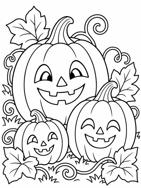 Three smiling jack-o'-lanterns in a pumpkin patch, outline only