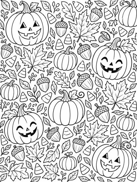 A page full of pumpkins, leaves, acorns, and candy corn, outline only