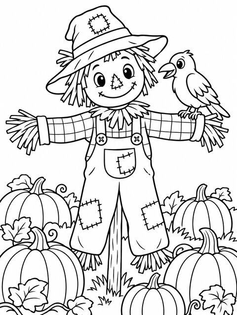 A smiling scarecrow in a pumpkin field with a crow on his arm, outline only